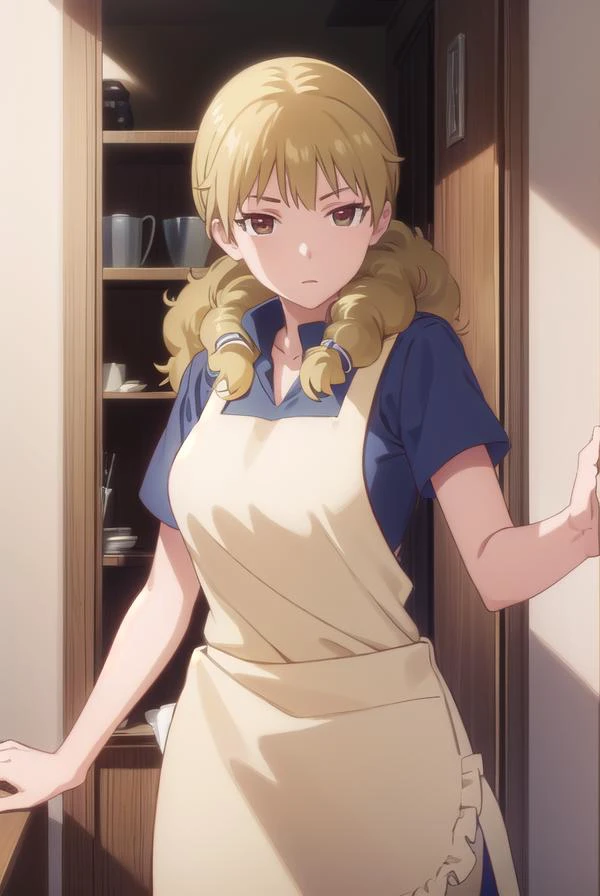 kisakikondou, <lora:kisaki kondou s1-lora-nochekaiser:1>,
kisaki kondou, long hair, blonde hair, (brown eyes:1.3),
BREAK apron, waitress,
BREAK indoors, restaurant,
BREAK looking at viewer, (cowboy shot:1.5),
BREAK <lyco:GoodHands-beta2:1>, (masterpiece:1.2), best quality, high resolution, unity 8k wallpaper, (illustration:0.8), (beautiful detailed eyes:1.6), extremely detailed face, perfect lighting, extremely detailed CG, (perfect hands, perfect anatomy),