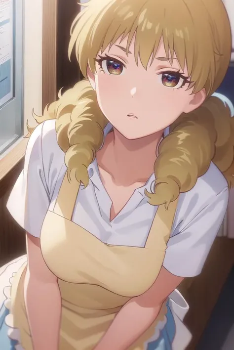 kisakikondou, <lora:kisaki kondou s1-lora-nochekaiser:1>,
kisaki kondou, long hair, blonde hair, (brown eyes:1.3),
BREAK apron, waitress,
BREAK indoors, restaurant,
BREAK looking at viewer, (cowboy shot:1.5),
BREAK <lyco:GoodHands-beta2:1>, (masterpiece:1.2), best quality, high resolution, unity 8k wallpaper, (illustration:0.8), (beautiful detailed eyes:1.6), extremely detailed face, perfect lighting, extremely detailed CG, (perfect hands, perfect anatomy),