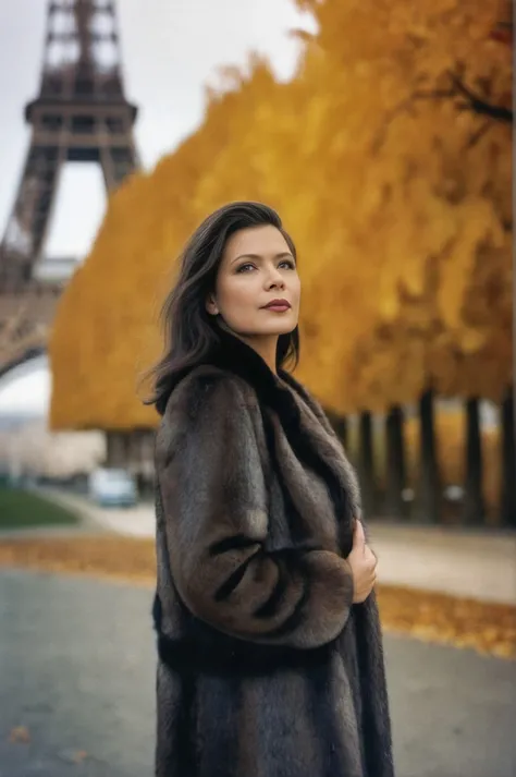 Photorealism analog film photo <lora:JennyKareziSDXL-000008:1>,  of 40 yo JennyKarezi wearing a (glamorous fur coat:1.2) over an elegant halter dress, standing under the eiffel tower during autumn, orange and yellow trees, 60's romantic style, perfect face . faded film, desaturated, 35mm photo, grainy, vignette, vintage, Kodachrome, Lomography, stained, highly detailed, found footage, Photorealism, often for highly detailed representation, photographic accuracy, or visual illusion.