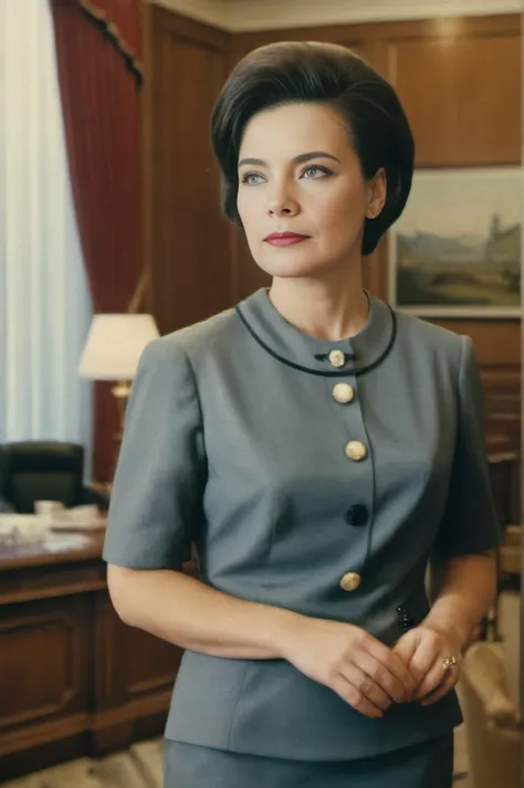 Photorealism analog film photo <lora:JennyKareziSDXL-000008:1>, (candid photo:1.3) of 40 yo JennyKarezi in elegant office costume, standing in the president's office of a corporation, 60's style . faded film, desaturated, 35mm photo, grainy, vignette, vintage, Kodachrome, Lomography, stained, highly detailed, found footage, Photorealism, often for highly detailed representation, photographic accuracy, or visual illusion.