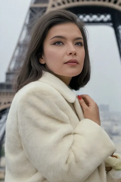 <lora:JennyKareziSDXL-000007:1>, JennyKareziSDXL in fur coat, 60's aesthetic, eiffel tower in the background