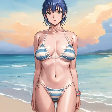 miyagishi_yuuki, large breasts, short hair, standing, striped bikini, beach, striped panties, <lora:miyagishi_yuuki_v1:0.8>, masterpiece, best quality