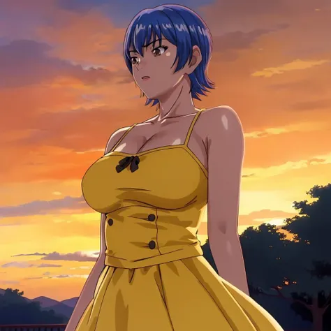 miyagishi_yuuki, large breasts, sundress, park, sunset <lora:miyagishi_yuuki_v1:0.8>, masterpiece, best quality