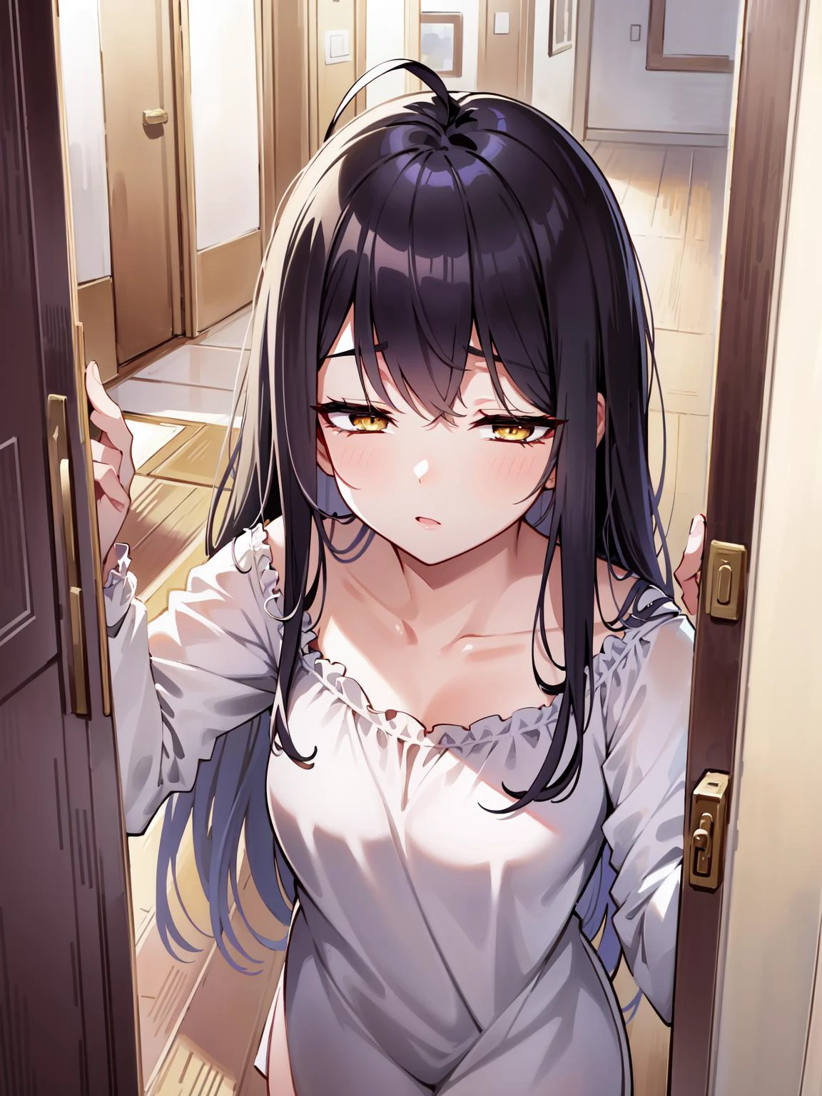 (masterpiece:1.2, best quality:1.1, highres,absurdres, high quality),(photorealistic:1.1),reflected light, colorful,ultra-detailed, ultra hd, super detailed,
yotsuya miko, open door, sleepwear, messy hair, black hair, yellow eyes,( open door):1.4, house, (sleepy), hallway, antenna hair, cowboy shot, 1girl, solo focus,
<lora:Yotsuya Miko(mc):0.7> <lora:sleepy_v100:0.7>