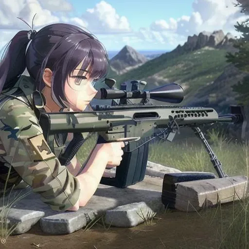 1girl, solo, weapon, gun, holding weapon, camouflage,sniper rifle, outdoors, holding, holding sniper, twintails, bag, long sleeves, tree, blue eyes, scope, bangs, jacket, blush, grass, trigger discipline,masterpiece, sharp, ultra detailed, 8k,(high detailed skin:1.2) , 50mm, <lora:sniper50mm-000002:1>