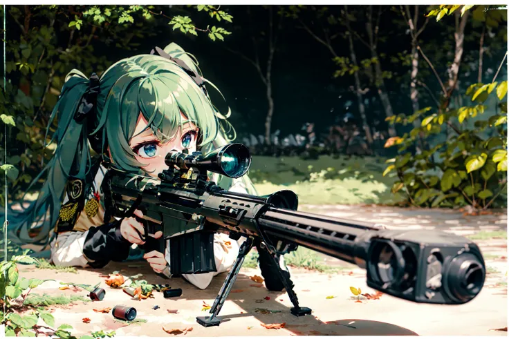 absurdres, highres, best quality, <lora:sniperTypeBarrettM82_v2:1>, 50caliber, holding weapon, sniper rifle, jungle, camouflage, military uniform, hatsune miku, twintails, raining, foliage, (firing:1.3),