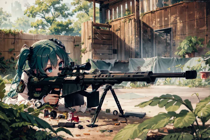 absurdres, highres, best quality, <lora:sniperTypeBarrettM82_v2:1>, 50caliber, holding weapon, sniper rifle, jungle, camouflage, military uniform, hatsune miku, twintails, raining, foliage, (firing:1.3),