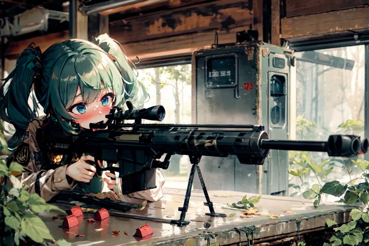 absurdres, highres, best quality, <lora:sniperTypeBarrettM82_v2:1>, 50caliber, holding weapon, sniper rifle, jungle, camouflage, military uniform, hatsune miku, twintails, raining, foliage, (firing:1.3), (full-face blush:1.3),