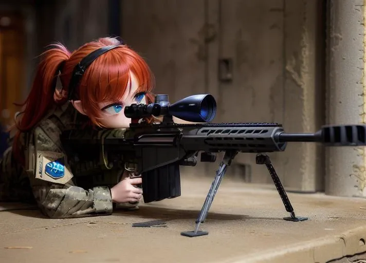 weapon, gun, holding weapon, camouflage,sniper rifle, on a building roof, holding, holding sniper, twintails, red hair,bag, long sleeves, blue eyes, scope, bangs, jacket, blush, cities, trigger discipline,masterpiece, sharp, ultra detailed, 8k,(high detailed skin:1.2),(high detailed face:1.2) , 50Caliber, <lora:50CaliberV2-000008:1>