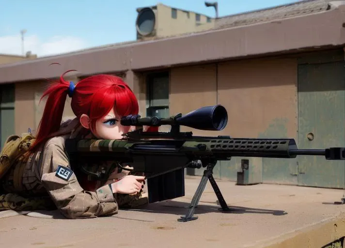 weapon, gun, holding weapon, camouflage,sniper rifle, on a building roof, holding, holding sniper, twintails, red hair,bag, long sleeves, blue eyes, scope, bangs, jacket, blush, cities, trigger discipline,masterpiece, sharp, ultra detailed, 8k,(high detailed skin:1.2),(high detailed face:1.2) , 50Caliber, <lora:50CaliberV2-000008:1>