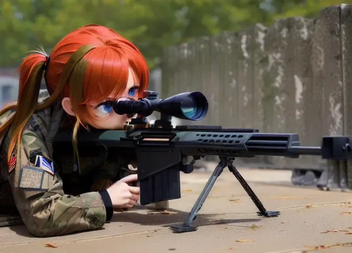 weapon, gun, holding weapon, camouflage,sniper rifle, on a building roof, holding, holding sniper, twintails, red hair,bag, long sleeves, blue eyes, scope, bangs, jacket, blush, cities, trigger discipline,masterpiece, sharp, ultra detailed, 8k,(high detailed skin:1.2),(high detailed face:1.2) , 50Caliber, <lora:50CaliberV2-000008:1>