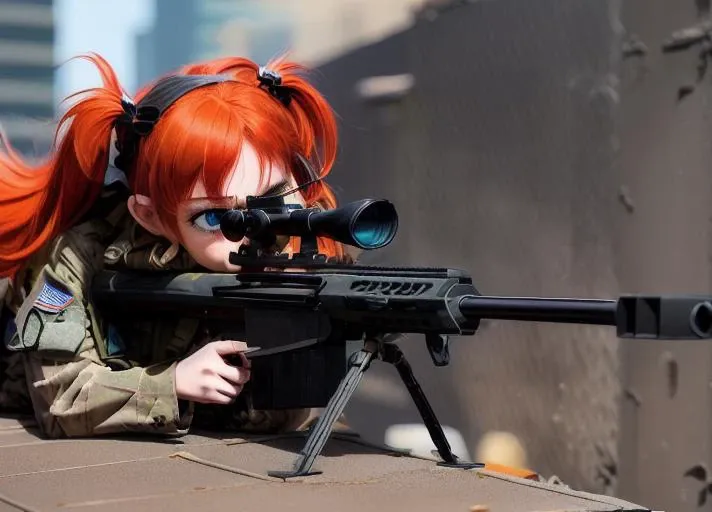 weapon, gun, holding weapon, camouflage,sniper rifle, on a building roof, holding, holding sniper, twintails, red hair,bag, long sleeves, blue eyes, scope, bangs, jacket, blush, cities, trigger discipline,masterpiece, sharp, ultra detailed, 8k,(high detailed skin:1.2),(high detailed face:1.2) , 50Caliber, <lora:50CaliberV2-000008:1>