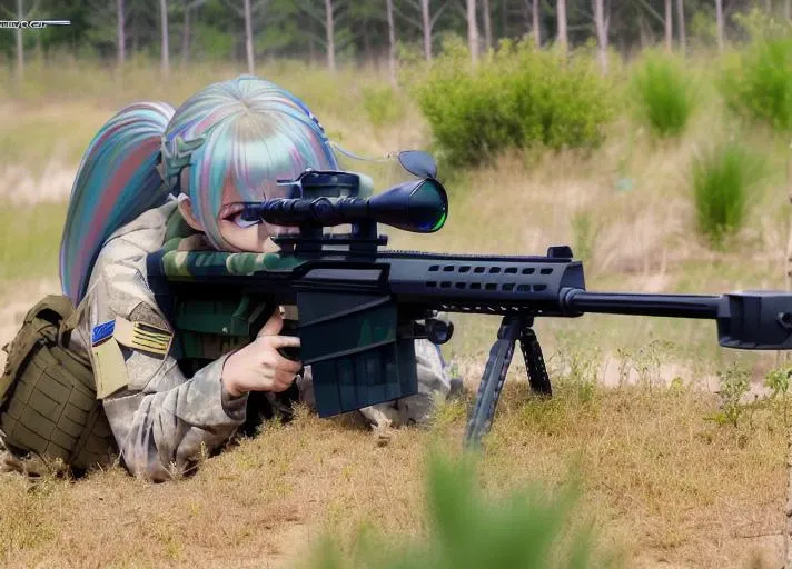 weapon, gun, holding weapon, camouflage,sniper rifle, outdoors, holding, holding sniper, twintails, rainbow hair,bag, long sleeves, tree, blue eyes, scope, bangs, jacket, blush,  grass, trigger discipline,masterpiece, sharp, ultra detailed, 8k,(high detailed skin:1.2),(high detailed face:1.2) , 50Caliber,   <lora:50CaliberV2-000007:1>