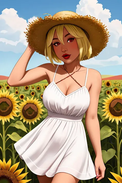 cartoon, vilga, blonde hair, short hair, red eyes, lipstick, bangs, white dress, sun hat, straw hat, sundress, in a sunflower field,
<lora:Vilga_v01:0.8>