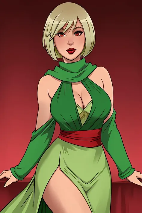Vilga, blonde hair, short hair, red eyes, lipstick, bangs, green dress, sleeveless, sash, shawl, detached sleeves,
<lora:Vilga_v01:0.8>