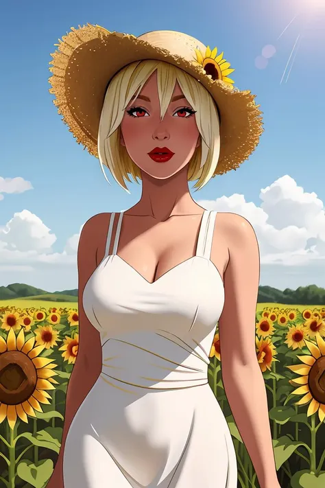 cartoon, vilga, blonde hair, short hair, red eyes, lipstick, bangs, white dress, sun hat, straw hat, sundress, in a sunflower field,
 <lora:Vilga_v01:0.8>