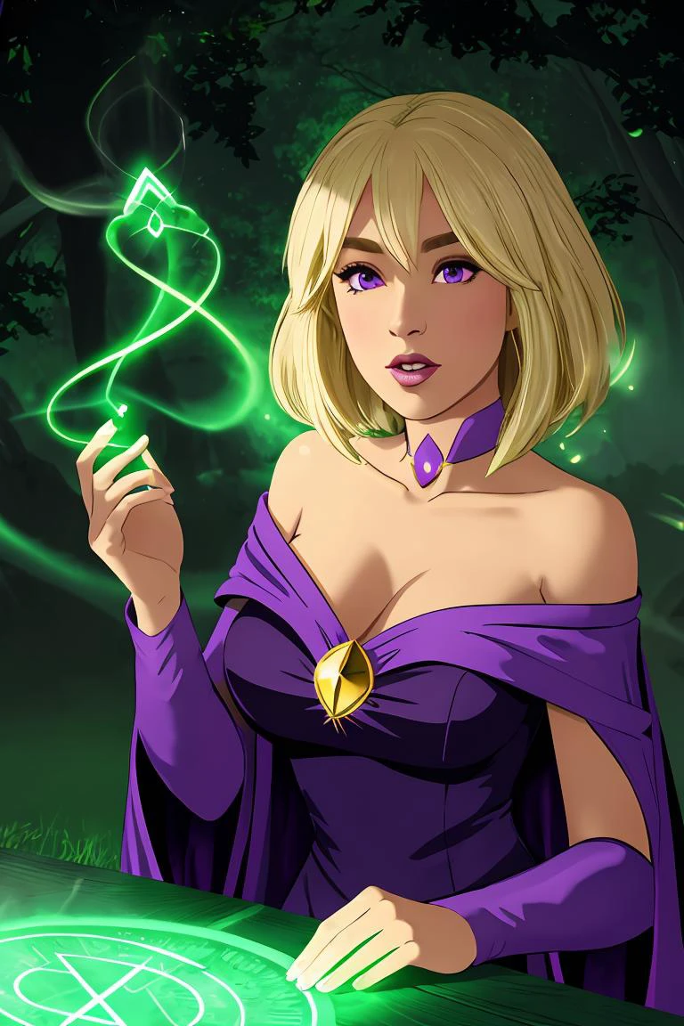purple dress, off-shoulder, thihghighs, green-cape, blonde hair, summoning spells, magic, light effects,
<lora:Vilga_v01:0.8>