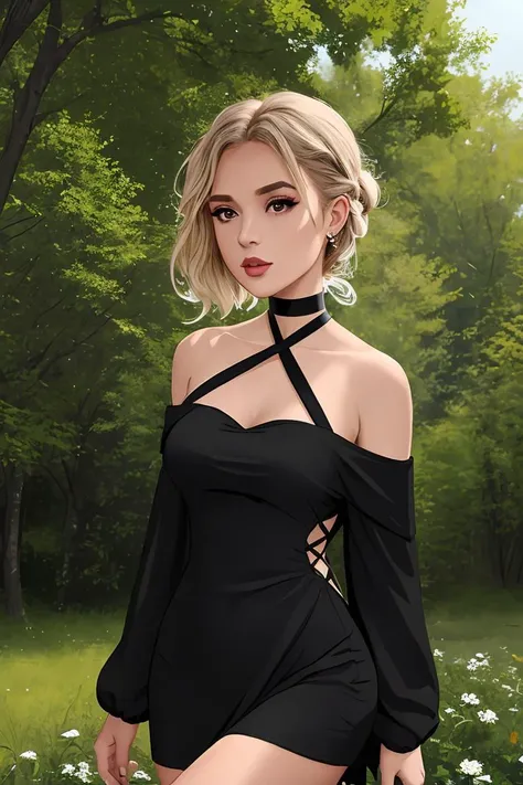 line art, sketch, black dress, choker, off-shoulder dress, halterneck, criss-cross halter, outside, nature,
 <lora:Vilga_v01:0.8>