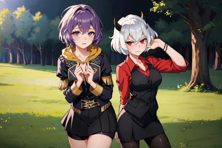 cowboy shot, 2girls BREAK
1girl, defBernie, flustered, looking at viewer, purple hair, purple eyes, black jacket, black skirt, spandex shorts, <lora:bernadetta-nvwls-v2:0.6> BREAK
1girl, htmalina, angry, wavy mouth, looking at viewer, white hair, horns, red eyes, waistcoat, red shirt, sleeves rolled up, black vest, black skirt, black pantyhose <lora:helltaker_malina:0.6>