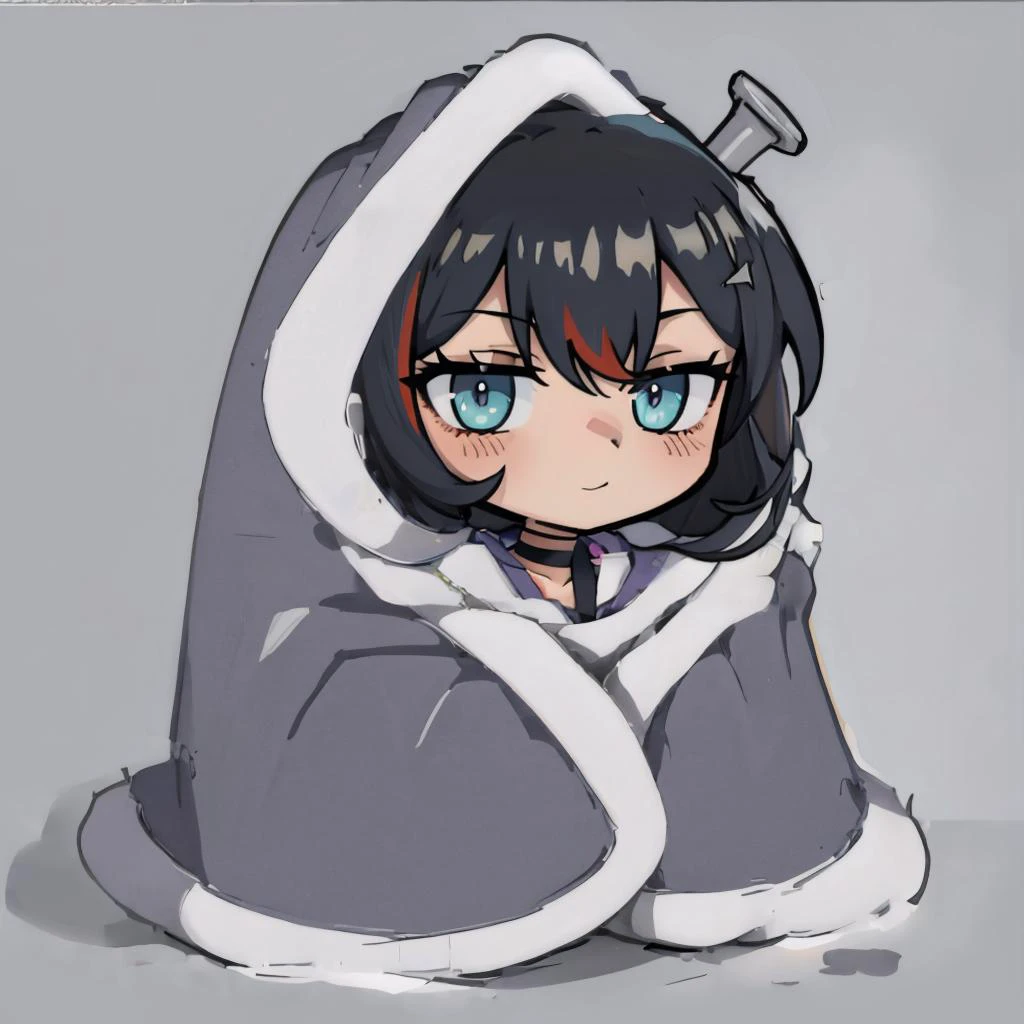 masterpiece, best quality, <lora:spmikaMelatika-09:0.9> melatika1st, black choker <lora:cozyblanket-nvwls-v1:1.2> cozyblanket, chibi, simple background, looking at viewer, smile