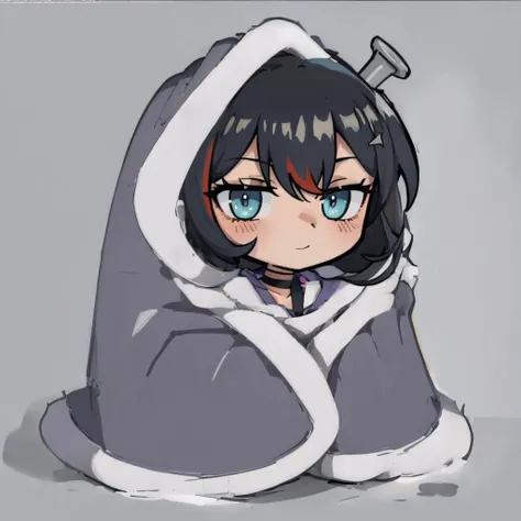 masterpiece, best quality, <lora:spmikaMelatika-09:0.9> melatika1st, black choker <lora:cozyblanket-nvwls-v1:1.2> cozyblanket, chibi, simple background, looking at viewer, smile