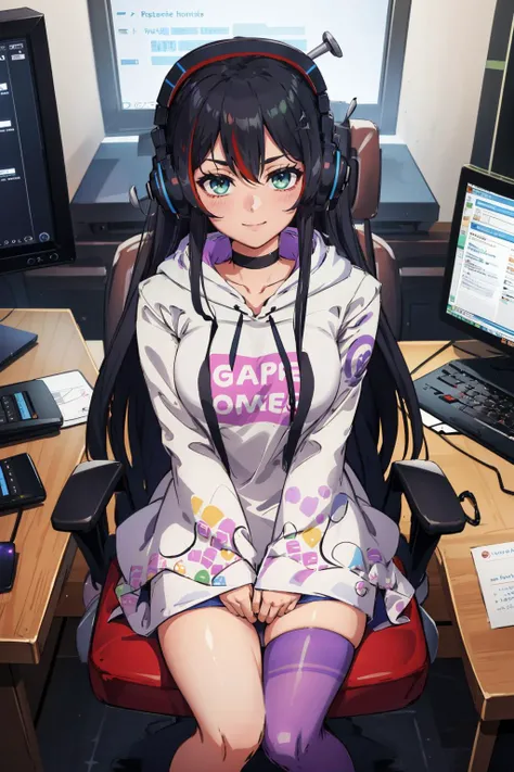 masterpiece, best quality, <lora:spmikaMelatika-09:0.9> melatika1st, headphones, black choker, white hoodie, print hoodie, wide sleeves, sleeves past wrists, purple thighhighs, single kneehigh, sitting, computer, from above, desk, chair, looking at viewer, smile