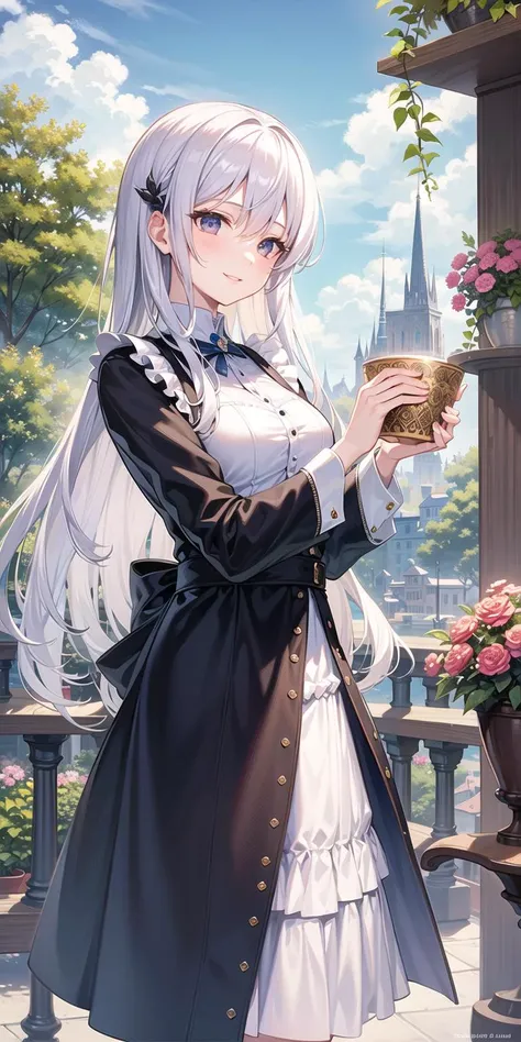 a lovely sweet cute girl,extremely detailed CG unity 8k wallpaper, masterpiece,white hair,long hair,blue sky, smile,Pigeon in the distance,Passer by,cloudy sky, More detailed sky,balcony, Potted plant,best quality,Beautiful sky,Female focus,Floating flowers,