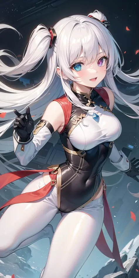 2.5D,a lovely sweet cute girl,mecha,white tactical surface fighter,Steel Forest,Mechanical chinese clothes,white pantyhose, extremely detailed CG unity 8k wallpaper,mecha,Mechanical,Mechanical structure,(heterochromia blue red),blue eyes,red eyes,Floating hair,((Colorful)),smlie,fighting stance,