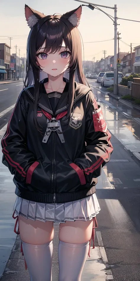 a girl,long hair,cat ears,serafuku,hands in pockets,open jacket,(white thighhighs:1.5),pleated_skirt,panties,see-through,wet,steam,look back,on street,Surface reflection,Wet ground,city lights,(masterpiece:1.3),(best quality:1.4),ultra high res,(detailed facial features),HDR,8k resolution,