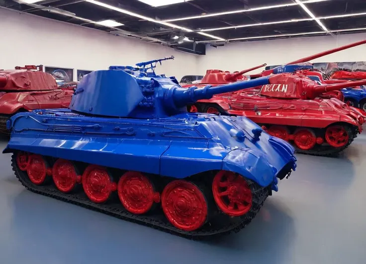 a big and fancy showroom at a car venue, the kngtgrtnk tank in the middle of the room, shiny and brand new with a intense blue paint and red decorations, in the spotlight,
<lora:King_Tiger_Tank_SDXL:0.8>