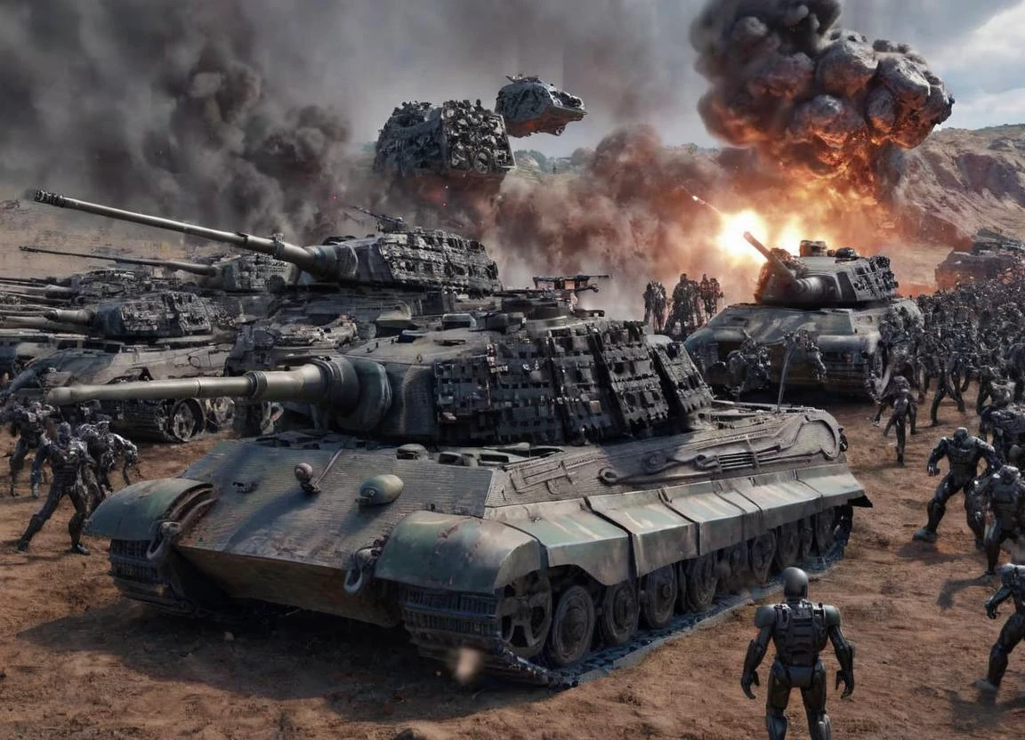 <lora:King_Tiger_Tank_SDXL:1>
cinematic movie scene with a kngtgrtnk tank fighting a group of terminator 1000 models in the future, science fiction