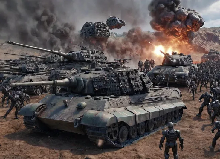 <lora:King_Tiger_Tank_SDXL:1>
cinematic movie scene with a  kngtgrtnk tank fighting a group of terminator 1000 models in the future, science fiction