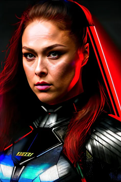 rondaRou1 , ((best quality)), ((masterpiece)), (detailed), Midjourney Style, close-up, woman, robot, red eyes, concept art, inspired by Marek Okon, digital art, Crysis Nanosuit, futuristic, (glowing elements:1.1), 4:3 aspect ratio, dynamic duo