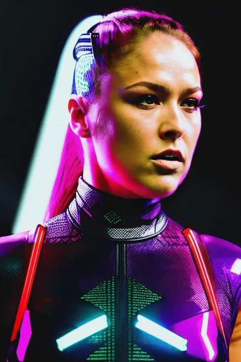 rondaRou1 in cyber neon lighting, futurism, intricate futuristic jewelry accessories, cyberpunk glossy white latex turtleneck, hyper photorealistic, crispy quality, digital photography, trending in artstation, trending in pinterest, cinematic, 4 k ultra hd, art by pascal blanche, art by greg rutkowski