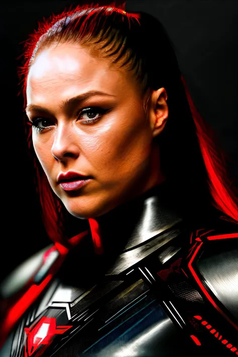 rondaRou1 , ((best quality)), ((masterpiece)), (detailed), Midjourney Style, close-up, woman, robot, red eyes, concept art, inspired by Marek Okon, digital art, Crysis Nanosuit, futuristic, (glowing elements:1.1), 4:3 aspect ratio, dynamic duo