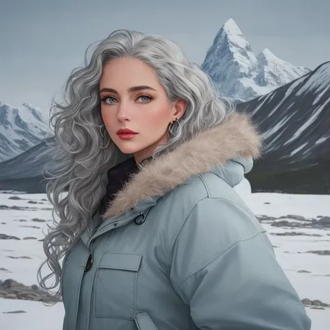 ubiquitous oil painting, Woolrich Arctic Parka, Mistress, Average Height, Firm, Triangular Face, Olive Skin, Silver Hair, light blue Eyes, Narrow Nose, Pouty Lips, Receding Chin, Long Hair, Curly Hair, Beach Waves, full breasts, Cuff earrings, rose satin lipstick, a snowy tundra with frost-covered grasses and distant mountains