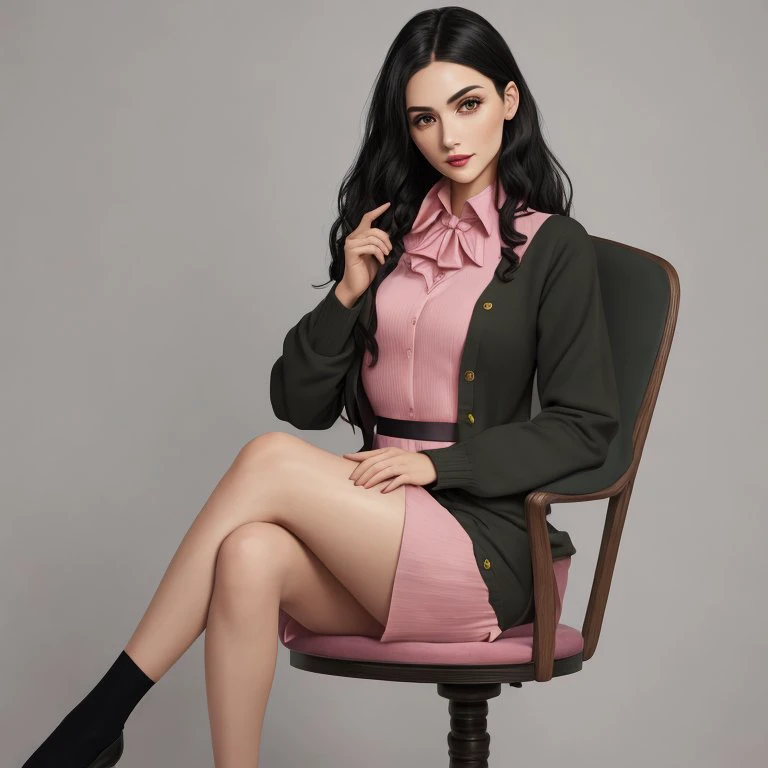 Tailored dress with cardigan, Gal, Tall, Skinny, Triangular Face, Olive Skin, Black Hair, peach Eyes, Narrow Nose, Full Lips, Prominent Chin, Shoulder-Length Hair, Coarse Hair, Voluminous Waves, round breasts, , pink velvet lipstick, thumb down, legs crossed