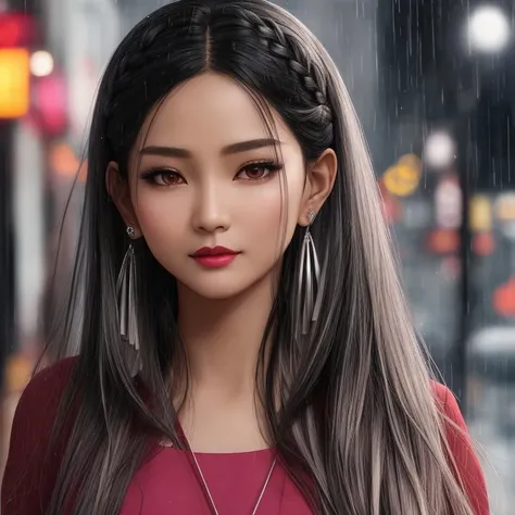 Rainy city street, reflections, Cosmetologist, Goddess, Average Height, Thin, Square Face, Dark Skin, Silver Hair, red Eyes, Narrow Nose, Thin Lips, Prominent Chin, Shoulder-Length Hair, Straight Hair, Fishbone Braid, natural breasts, Threader earrings, light pink cream lipstick