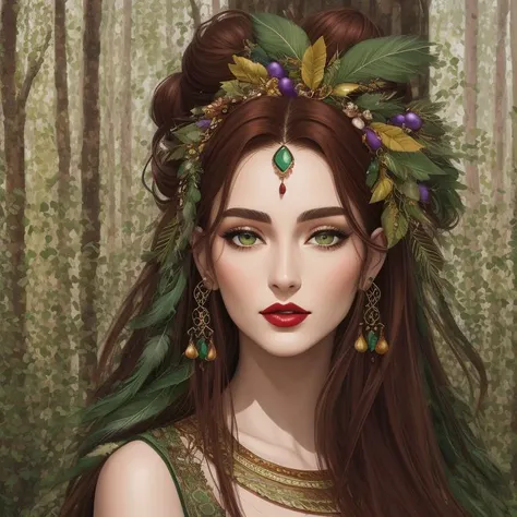 portrait, A forest where the trees are made of glass and the leaves are made of feathers, Woman, Tall, Lean, Round Face, Olive Skin, Auburn Hair, green Eyes, Narrow Nose, Thick Lips, Prominent Chin, Long Hair, Straight Hair, High Bun, large breasts, Threader earrings, violet, stain lipstick, cubism oil painting, <lora:epiNoiseoffset_v2Pynoise:2>