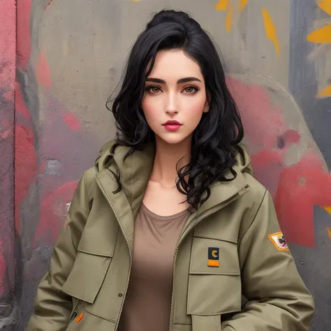 Street Art, Carhartt Full Swing Cryder Jacket, Gal, Tall, Skinny, Triangular Face, Olive Skin, Black Hair, peach Eyes, Narrow Nose, Full Lips, Prominent Chin, Shoulder-Length Hair, Coarse Hair, Voluminous Waves, round breasts, , pink velvet lipstick