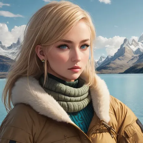 Contemporary Art, Patagonia Down With It Parka, Female Warrior, Short, in shape, Square Face, Fair Skin, Honey Blonde Hair, turquoise Eyes, Straight Nose, Thick Lips, Round Chin, Long Hair, Straight Hair, Frohawk, small breasts, Clip-on earrings, beige gloss lipstick