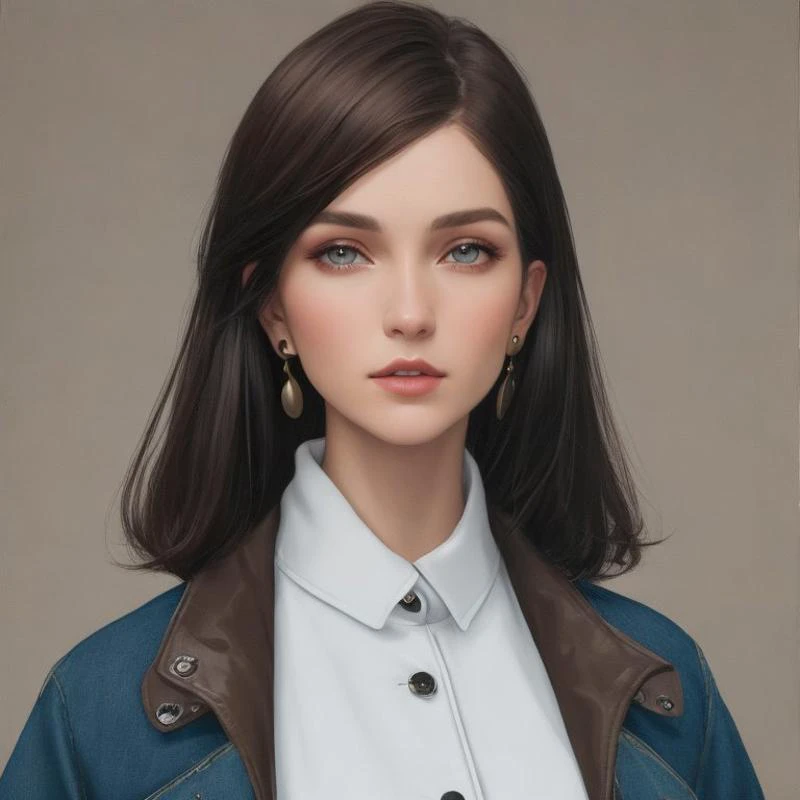 tonalism oil painting, Carhartt Full Swing Cryder Jacket, Enigma, Average Height, Thin, Oval Face, Fair Skin, Dark Brown Hair, Blue Eyes, Short Nose, Thick Lips, Prominent Chin, Shoulder-Length Hair, Coarse Hair, Straight Bob with Layers, saggy breasts, Faux gauge earrings, brown sheer lipstick