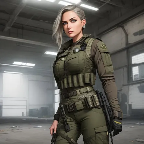 Abandoned warehouse, Spy Master, Tactical gear, a vest, cargo pants, and boots, Superwoman, Tall, Lean, Oval Face, Olive Skin, Gray Hair, green Eyes, Narrow Nose, Pouty Lips, Prominent Chin, Shoulder-Length Hair, Coarse Hair, Sock Bun, large breasts, Stud earrings, terracotta matte lipstick, Weapon, moonlight, room light