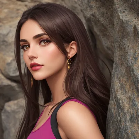 portrait, rock climbing, Siren, Short, Skinny, Oval Face, Olive Skin, Dark Brown Hair, Amber Eyes, Wide Nose, Full Lips, Prominent Chin, Long Hair, Straight Hair, Sleek Straight Hair, perky breasts, Cuff earrings, magenta sheer lipstick