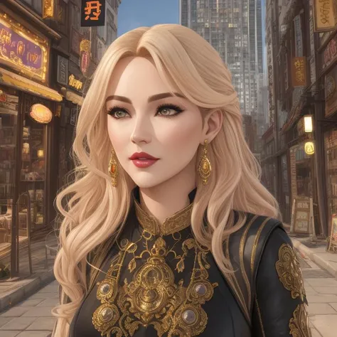 portrait, A city where the buildings are made of jelly and the streets are covered in candy, Heiress, Average Height, Fit, Diamond-Shaped Face, Dark Skin, Golden Blonde Hair, Amber Eyes, Short Nose, Full Lips, Receding Chin, Shoulder-Length Hair, Thick Hair, Smooth Waves, large breasts, Cuff earrings, light pink, stain lipstick, 3D Modeling, <lora:epiNoiseoffset_v2Pynoise:2>