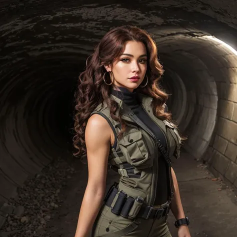 Hidden underground tunnel system, Deniable Assets Handler, Tactical gear, a vest, cargo pants, and boots, Phenom, Average Height, Athletic, Heart-Shaped Face, Olive Skin, Auburn Hair, Gray Eyes, Wide Nose, Pouty Lips, Prominent Chin, Shoulder-Length Hair, Wavy Hair, Bouncy Curls, perky breasts, Hoop earrings, plum velvet lipstick, Camera, backlight, cloudy, <lora:epiNoiseoffset_v2Pynoise:2>