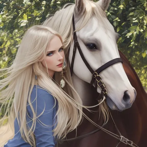 portrait, horseback riding, Sensation, Tall, Skinny, Oval Face, Fair Skin, Blonde Hair, Blue Eyes, Wide Nose, Full Lips, Sharp Chin, Long Hair, Straight Hair, Straight Bob, augmented breasts, Dangle earrings, lavender gloss lipstick