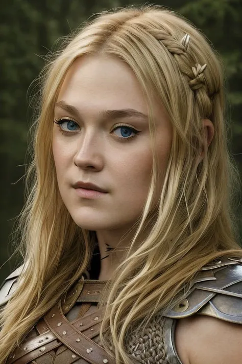 masterpiece, stunning closeup portrait photo of dkt, as (viking warrior), female (barbarian),
 <lyco:DakotaFanningLycoDogu:1.0>