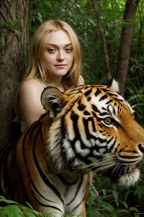 masterpiece, stunning closeup portrait photo of dkt, (posing with a Tiger:1.15), solo, in a jungle
<lyco:DakotaFanningLycoDogu:1.0>