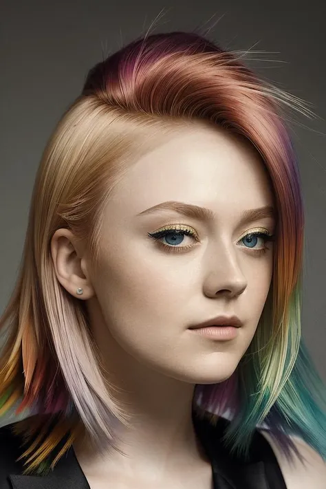 masterpiece, stunning closeup portrait photo of dkt, by Flora Borsi, style by Flora Borsi, bold, bright colours, (rainbow Mohawk hair:1.1), (Flora Borsi)
 <lyco:DakotaFanningLycoDogu:1.0>